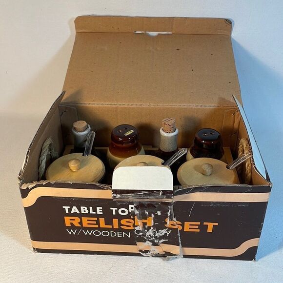 Vintage Table top relish condiments set with wooden caddy by Le Gran imports - Picture 15 of 15